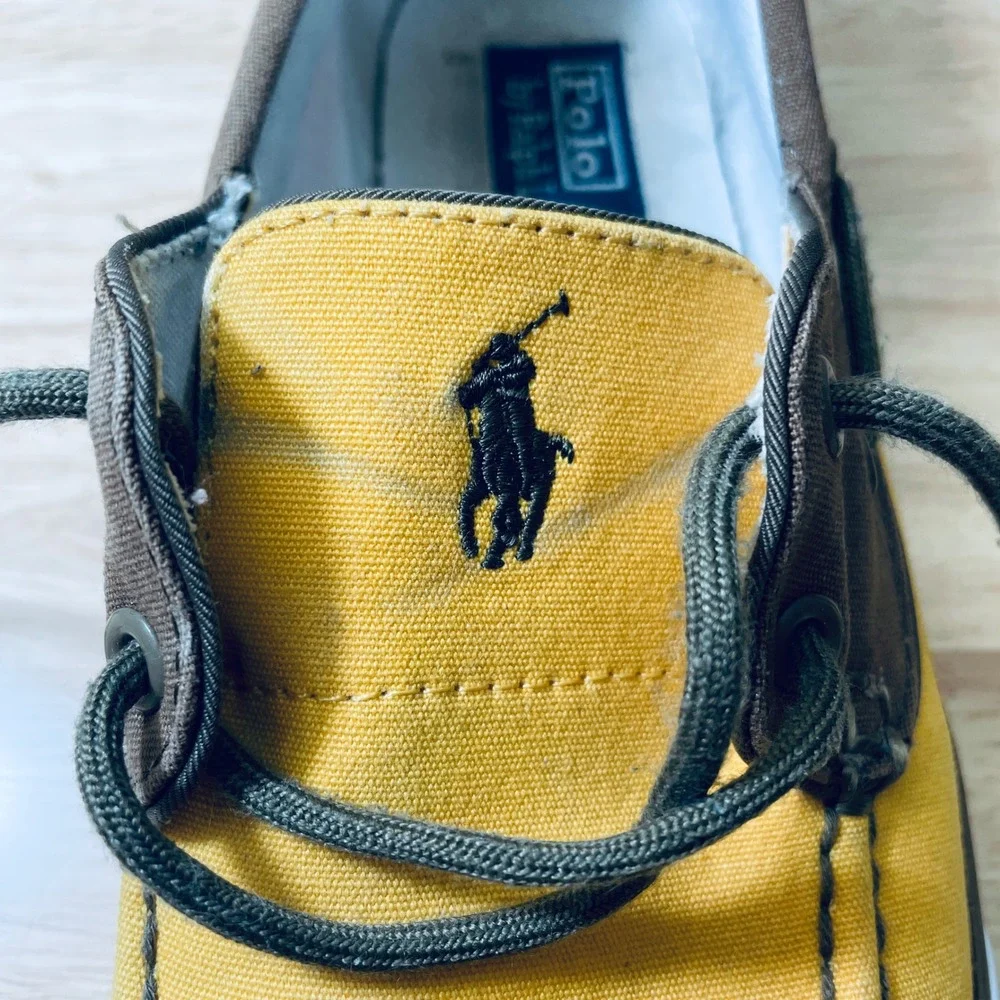 Polo Ralph Lauren Mens Lander P Yellow Canvas Boat Shoes 9D Brown Trim